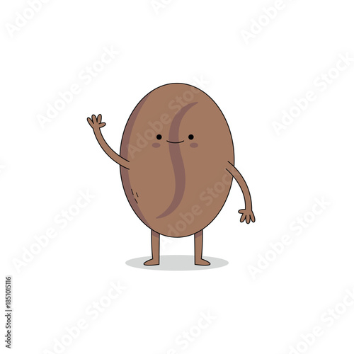 Cute Coffee Bean cartoon character waving hand hi doodle