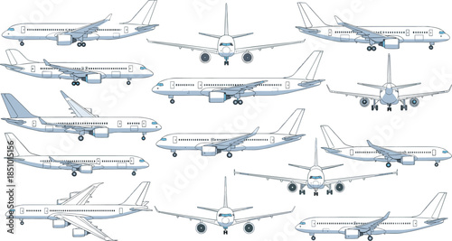 Comprehensive Collection of Commercial Airplane Illustrations Featuring Multiple Angles, Detailed Designs, Engines, Wings, Windows, and Landing Gear
