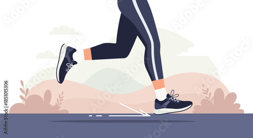 Stylized Outdoor Running Illustration Showing Athlete’s Legs in Motion with Dark Leggings, Shoes, Socks, and Abstract Pastel Background