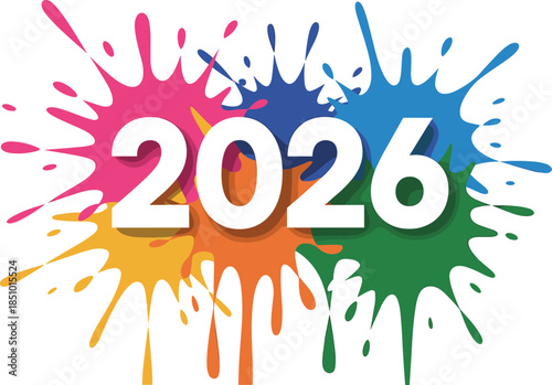 Colorful paint splatters illustration with the bold white number 2026 for new year celebration, holiday greeting card, party event, and calendar design,