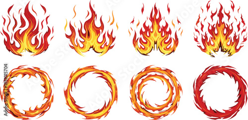 Fire flame vector set, stylized blaze icons, swirling rings, energy flames, motion graphics for digital art, animation, gaming, effects