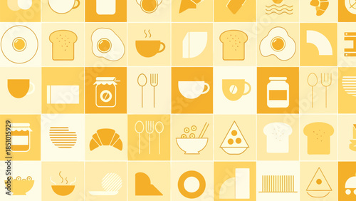 Vibrant breakfast icons in warm yellow tones for culinary designs