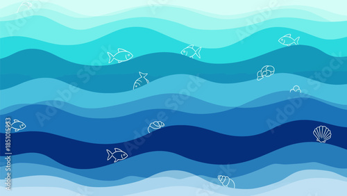 Vibrant ocean waves with sea creatures in blue hues
