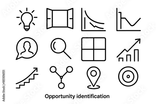 Opportunity Icons Overview. Opportunity Identification in outline black lines style. idea spark, open window icon, need–gap chart, trend curve, user insight bubble, clarity lens,