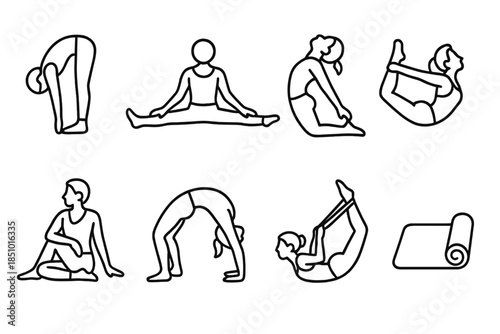 Yoga Pose Icons. Flexibility Flow in outline black lines style. forward bend, splits, camel pose, bow pose, seated twist, backbend, stretch band, yoga mat.