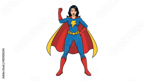 Powerful Female Superhero Standing Confidently with Fist Raised.