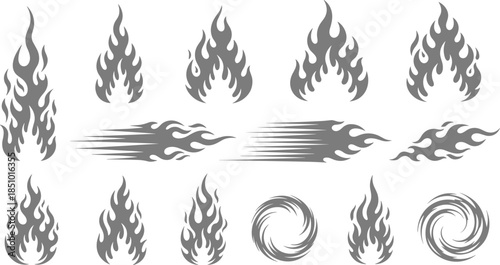 Grayscale flame icon set, pixel fire shapes, swirling and streaking flames, vector illustration for tattoo, logo, decorative, and graphic design