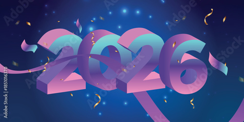 Modern New Year 2026 vector illustration featuring bold 3D gradient numbers “2026” with soft pastel colors, abstract ribbon shapes, and floating confetti on a deep blue festive background. Contemporar