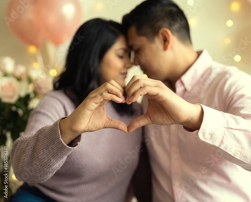 Couple creating heart shape with hands during celebration