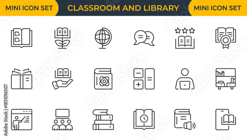 Set of 18 Classroom and Library web icons in line style study space icon, quiet area badge, library tag, group study file, classroom environment board, study room chart