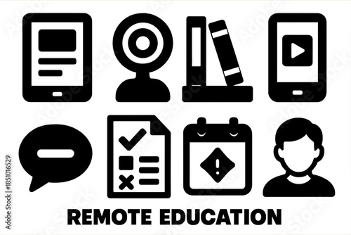 Bold Remote Learning Icons. Remote Education silhouette icons: tablet, webcam, bookshelf, learning app, message icon, exam paper, calendar reminder, student profile.
