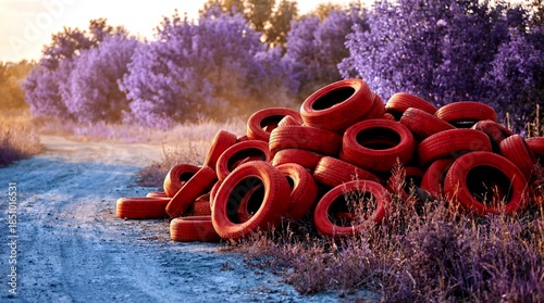 Piles of red tires beside a dirt road in a field