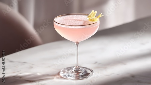 A coupe containing glowing pastel pink cocktail crowned with delicate citrus twist garnish. Rim reflects faint under soft spotlight.