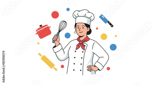 Professional Chef Woman Holding Whisk and Utensils.