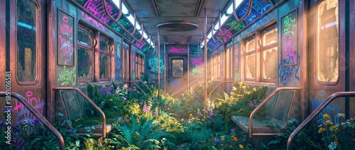 Flowers and plants grow inside an empty subway train