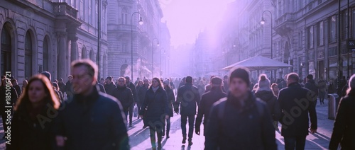 People walk on a busy street during the late afternoon hours