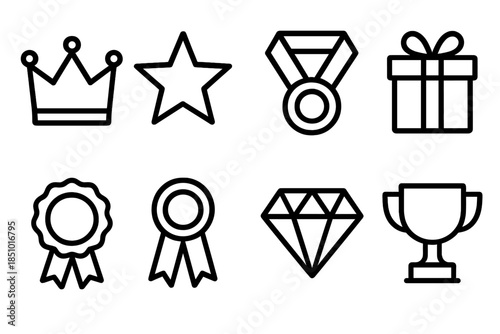 Iconic Rewards Collection. Special reward concept in outline black lines style. crown, star, medal, gift box, badge, ribbon, diamond, trophy.