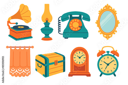 Vintage Decor Icons. Vintage Decor Set modern flat icons set. Contain gramophone, antique lamp, rotary phone, typewriter, ornate mirror, lace curtain, trunk chest, vintage clock.