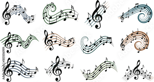 Pixel musical swirl icon set, treble clef and note wave designs, vector illustration for music, rhythm, art, and creative decoration themes