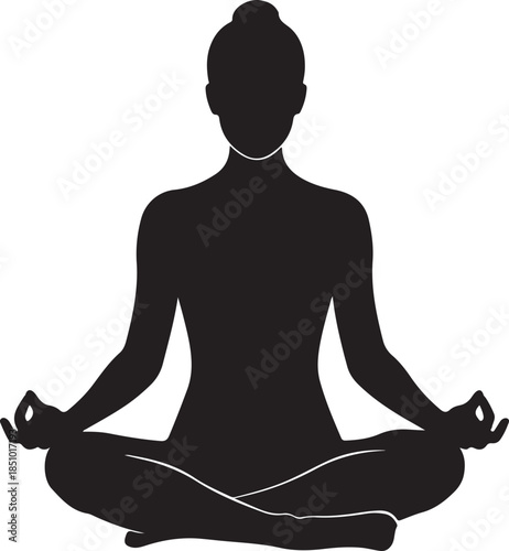 Female Yoga Meditation Silhouette in Lotus Pose on White Background.