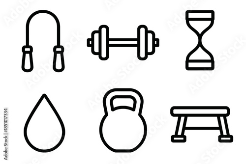 Exercise Equipment Icons. Workout Routine in outline black lines style. jump rope, barbell, resistance band, kettlebell, sweat drop, gym bench.