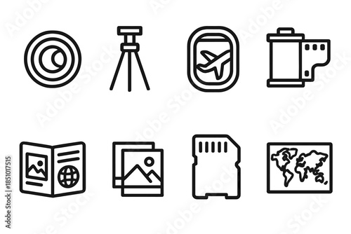 Travel Photography Essentials. World Photographers in outline black lines style. camera lens, tripod, airplane window, film roll, travel journal, photo gallery, memory card, world