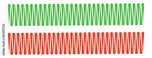 Repeating green and red vertical tapered lines, abstract border pattern with geometric