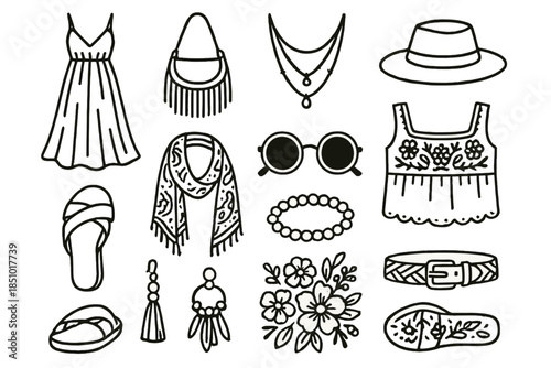 Bohemian Fashion Icons. Bohemian aesthetic in outline black lines style. flowy dress, fringe bag, layered necklace, straw hat, patterned shawl, round sunglasses, beaded bracelet,
