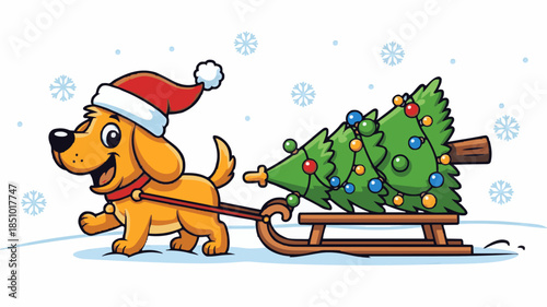 Festive Dog with Santa Hat Pulling Christmas Tree on a Sled: A Fun Holiday Illustration
