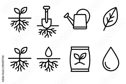 Gardening Icons Collection. Ground and roots concept in outline black lines style. root system, shovel, watering can, fertilizer bag, small plant, leaf, soil section, droplet. , ,