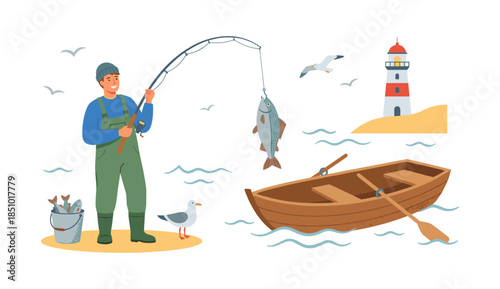 Fisherman catching fish near boat and lighthouse