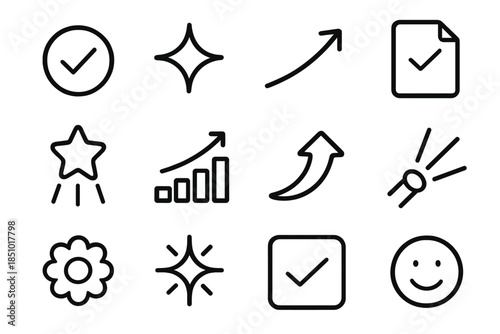 Icons of Success. Positive Outcome Set in outline black lines style. check circle, shining emblem, upward slope, accomplished note, spotlight star, ascending bar chart, uplift