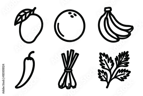 Tropical Produce Icons. Local Produce in outline black lines style. mango, coconut, banana bunch, chili, lemongrass, herbs.
