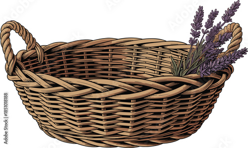 Handcrafted wicker basket with lavender flowers illustration isolated on white background for rustic home decor and natural aromatherapy
