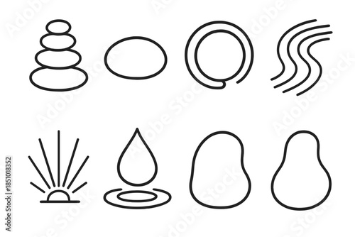 Zen Icons Collection. Zen stones themes in outline black lines style. equilibrium stones, minimal pebble, zen circle, raked sand curve, light beam, tranquil droplet, organic shape,