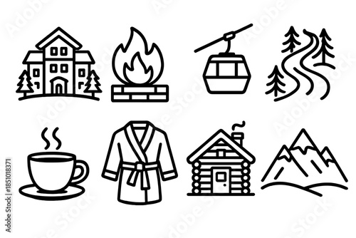 Winter Ski Resort Icons. Luxury Winter Escape in outline black lines style. ski resort, roaring fire, cable car, snow trail, warm drink, spa robe, log cabin, snowy mountain.