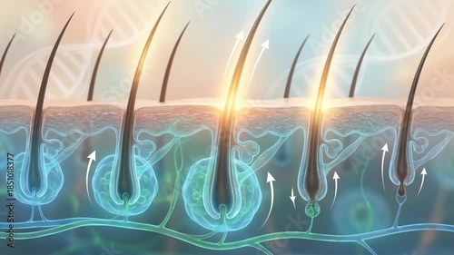Detailed illustration of a hair follicle under a microscope, the growth process, with scientific elements and vibrant hues.