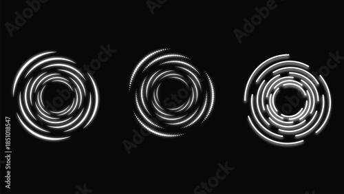 Abstract glowing white vortex shapes on black background