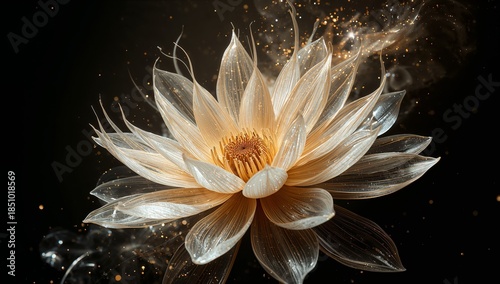 Ethereal Bloom. A Delicate Floral Composition with Glimmering Particles and Soft Light.