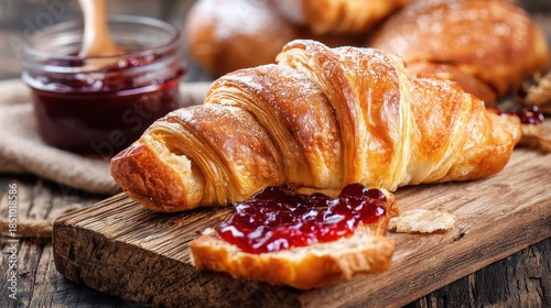 Wallpaper Mural Freshly baked croissants with jam on a wooden board. Torontodigital.ca