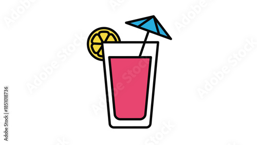 Refreshing Pink Cocktail with Lemon Slice and Umbrella.