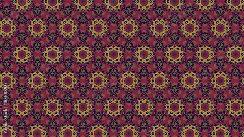 Seamless geometric pattern with repeating motifs on a deep burgundy background for textiles, wallpaper and decor.