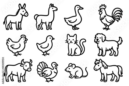 Farm Animal Icons. Farm & Field Animals in outline black lines style. donkey, llama, goose, rooster, hen, chick, barn cat, sheepdog, bull, turkey, barn mouse, pony.