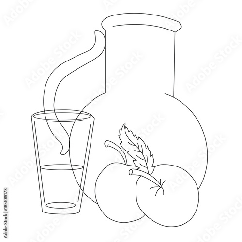 Minimal black and white line art illustration of apples, a glass and a jug of apple juice. Clean outline style for labels, menus, packaging and healthy food concepts.
