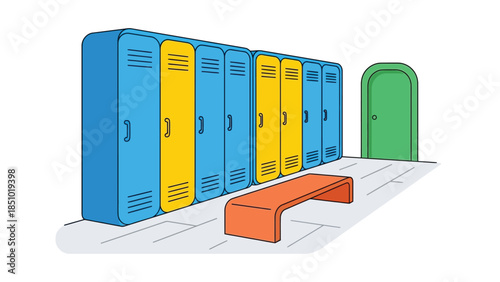 Row of colorful lockers and a bench in a hallway.