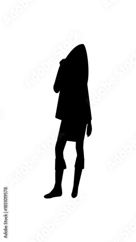 Pensive woman standing with head down, wearing a short skirt and boots, on an isolated white background.