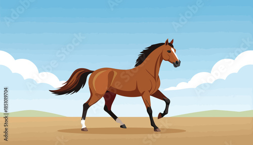 A majestic brown horse trots across a dry, sandy landscape under a bright blue sky with scattered clouds