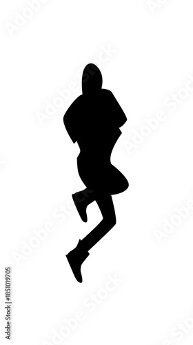 Energetic woman leaping or dancing dynamically in a joyful pose on an isolated white background.