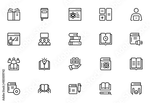 Set of 20 Classroom and Library web icons in line style study space icon, quiet area badge, library tag, group study file, classroom environment board, study room chart