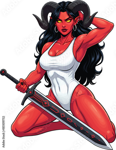 Red‑Skinned Demon Warrior Kneeling with Horns and Giant Sword Fantasy Character Vector Illustration